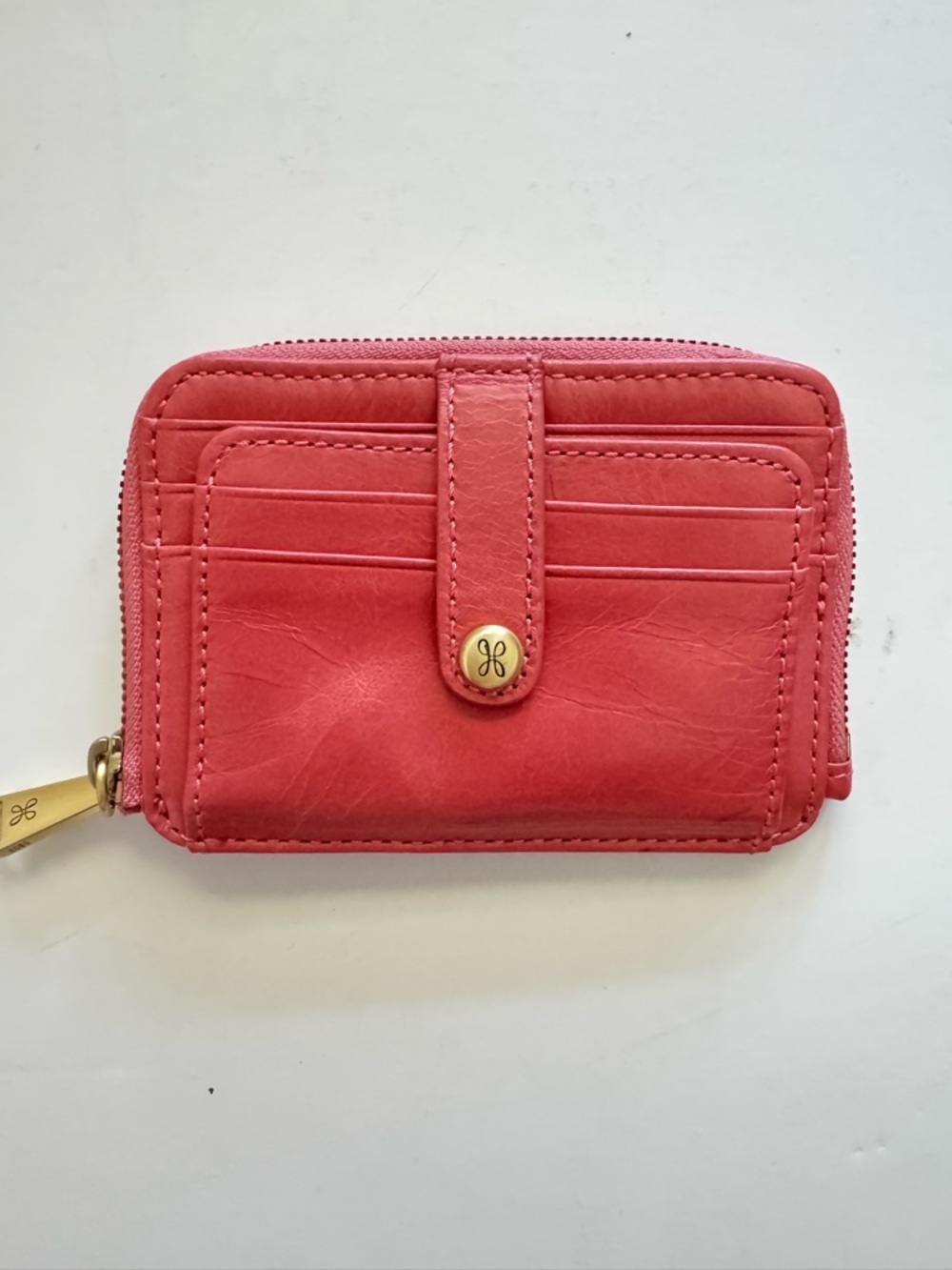 Hobo Light Red Leather Zip Card Case Wallet with Gold Accent Coin Purse